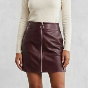 Express Mini Faux Leather Skirt Sz 4 Maroon Brown Silver Zip Front Mini Retro